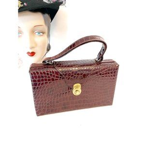 Vintage 1940's Burgundy Red Crocodile Box Purse With Handle